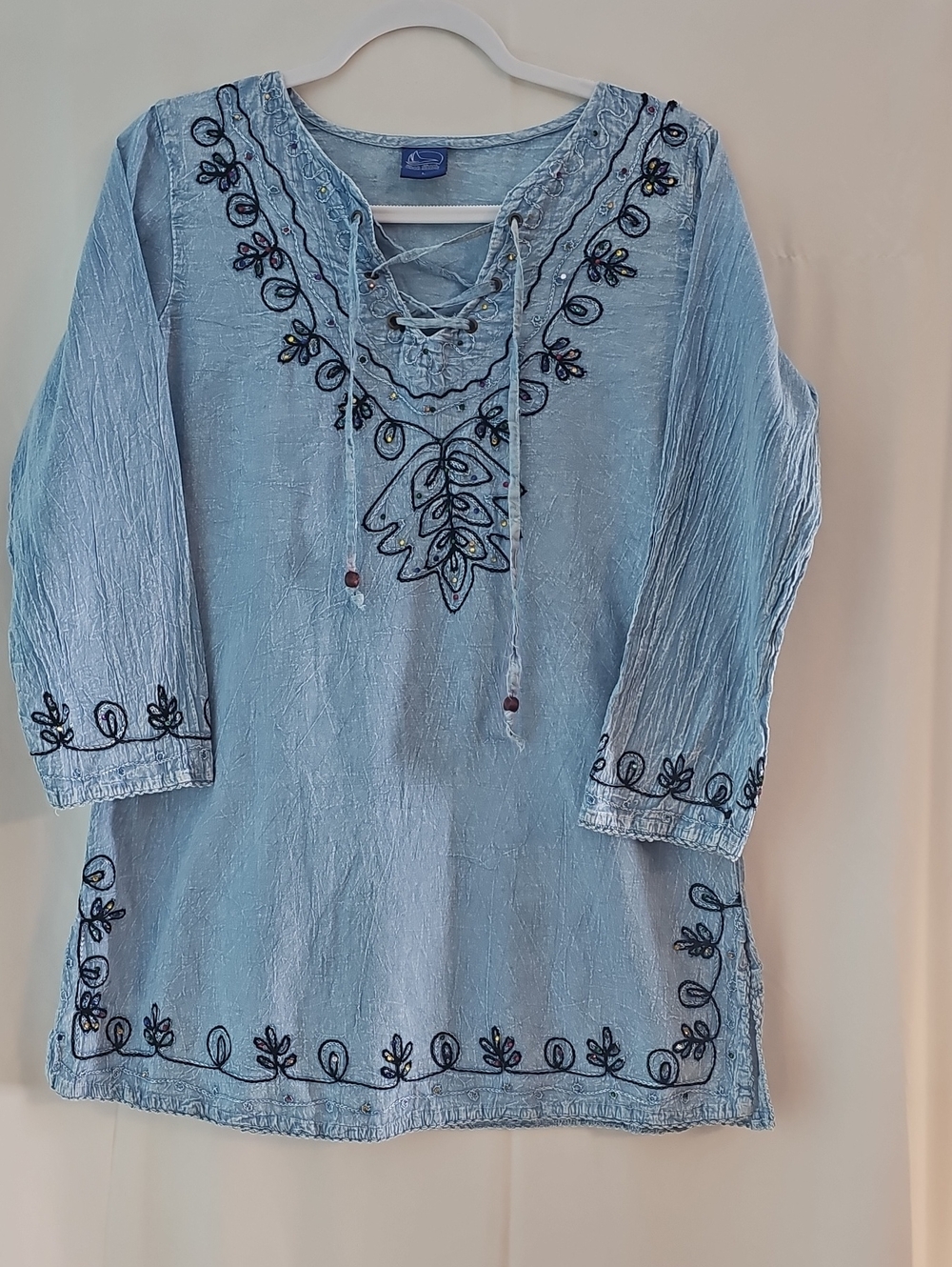 Boho Shoe Shock 100% Cotton Light Blue Embroidered Lace-Up Tunic Dress